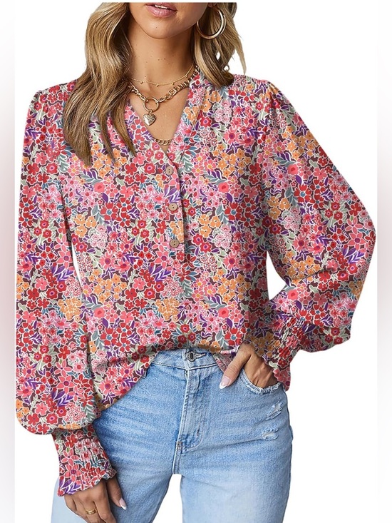 Tops - Womens Boho Floral Blouse XXL V Neck Long Sleeve Smocked Cuff Casual NEW